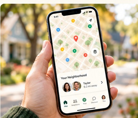 PorchDot neighborhood map shown on a phone